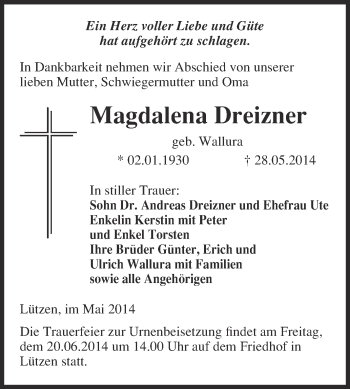 Traueranzeige von Magdalena Dreizner von Super Sonntag Merseburg