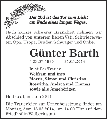 Traueranzeige von Günter Barth von Super Sonntag SGH Mansf. Land