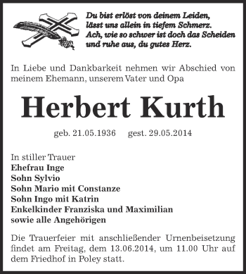 Traueranzeige von Herbert Kurth von Super Sonntag Bernburg