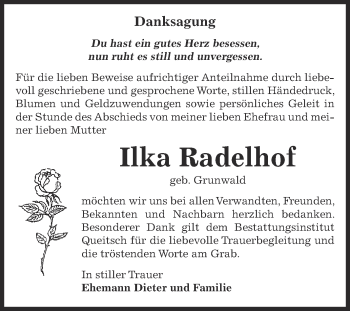 Traueranzeige von Ilka Radelhof von WVG - Wochenspiegel Dessau / Köthen