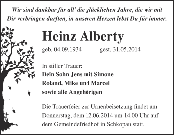 Traueranzeige von Heinz Alberty von Super Sonntag Merseburg