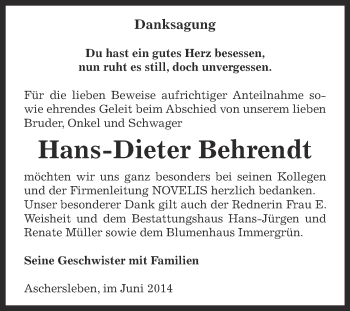 Traueranzeige von Hans-Dieter Behrendt von WVG - Wochenspiegel Aschersleben