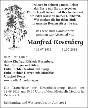 Traueranzeige von Manfred Rosenberg von Super Sonntag Zeitz