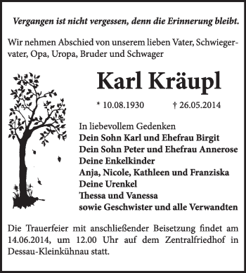 Traueranzeige von Karl Kräupl von Super Sonntag Dessau / Köthen