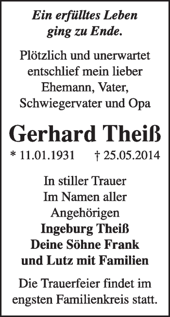 Traueranzeige von Gerhard Theiß von Super Sonntag Dessau / Köthen