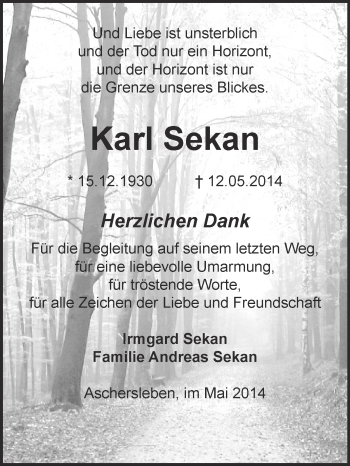 Traueranzeige von Karl Sekan von Super Sonntag Aschersleben