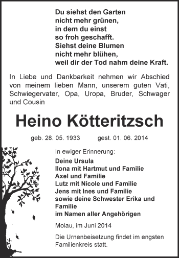 Traueranzeige von Heino Kötteritzsch von WVG - Wochenspiegel NMB / WSF / ZTZ