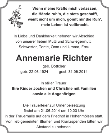 Traueranzeige von Annemarie Richter von WVG - Wochenspiegel NMB / WSF / ZTZ