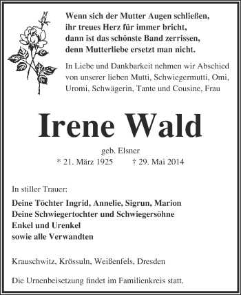 Traueranzeige von Irene Wald von WVG - Wochenspiegel NMB / WSF / ZTZ