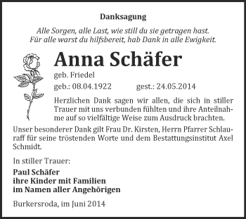 Traueranzeige von Anna Schäfer von WVG - Wochenspiegel NMB / WSF / ZTZ