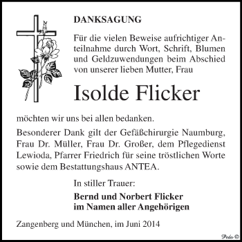 Traueranzeige von Isolde Flicker von Super Sonntag Zeitz