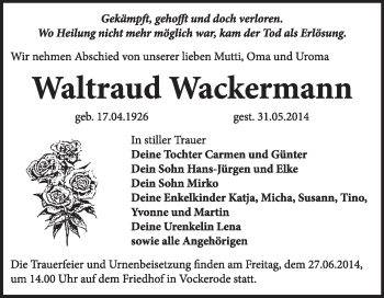 Traueranzeige von Waltraud Wackermann von Super Sonntag Wittenberg