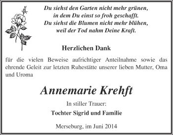 Traueranzeige von Annemarie Krehft von WVG - Wochenspiegel Merseburg