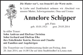 Traueranzeige von Annelore Schipper von WVG - Wochenspiegel Merseburg