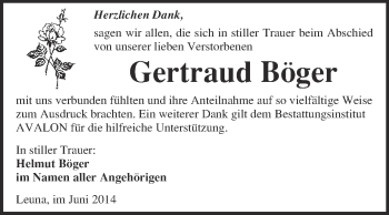 Traueranzeige von Gertraud Böger von WVG - Wochenspiegel Merseburg