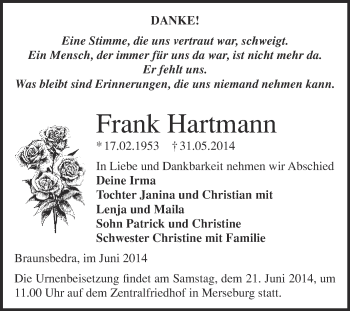 Traueranzeige von Frank Hartmann von Super Sonntag Merseburg