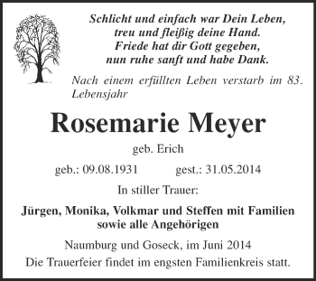 Traueranzeige von Rosemarie Meyer von WVG - Wochenspiegel NMB / WSF / ZTZ