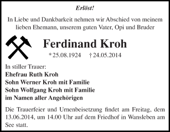 Traueranzeige von Ferdinand Kroh von WVG - Wochenspiegel Merseburg