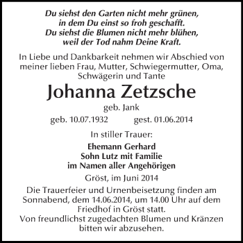 Traueranzeige von Johanna Zetzsche von WVG - Wochenspiegel Merseburg