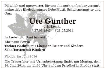 Traueranzeige von Ute Günther von WVG - Wochenspiegel Bitterfeld