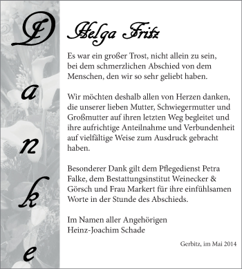 Traueranzeige von Helga Fritz von Super Sonntag Bernburg