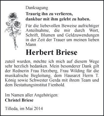 Traueranzeige von Herbert Briese von Super Sonntag SGH Mansf. Land