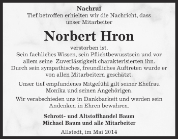 Traueranzeige von Norbert Hron von Super Sonntag SGH Mansf. Land