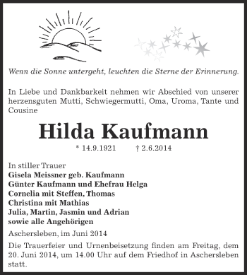 Traueranzeige von Hilda Kaufmann von WVG - Wochenspiegel Aschersleben