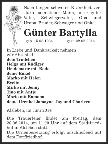 Traueranzeige von Günter Bartylla von Super Sonntag Bernburg