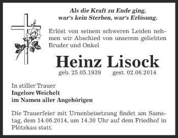 Traueranzeige von Heinz Lisock von Super Sonntag Bernburg