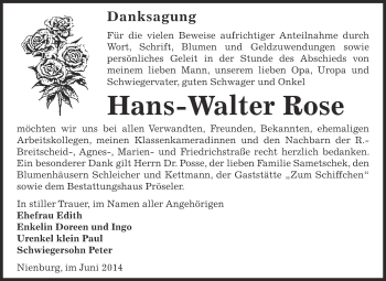 Traueranzeige von Hans-Walter Rose von Super Sonntag Bernburg