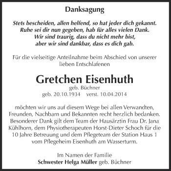 Traueranzeige von Gretchen Eisenhuth von WVG - Wochenspiegel Dessau / Köthen