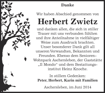 Traueranzeige von Herbert Zwietz von WVG - Wochenspiegel Aschersleben