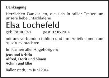 Traueranzeige von Elsa Lochefeld von WVG - Wochenspiegel Quedlinburg
