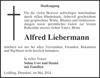 Traueranzeige von Alfred Liebermann von Super Sonntag Merseburg