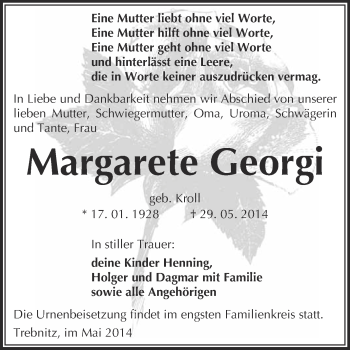 Traueranzeige von Margarete Georgi von WVG - Wochenspiegel NMB / WSF / ZTZ