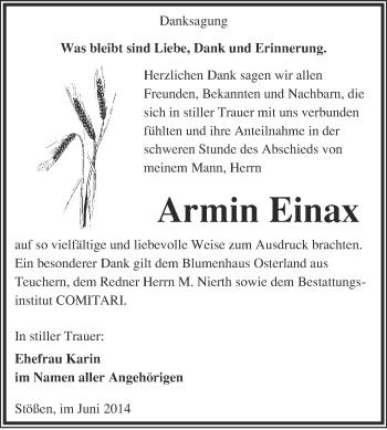 Traueranzeige von Armin Einax von WVG - Wochenspiegel NMB / WSF / ZTZ