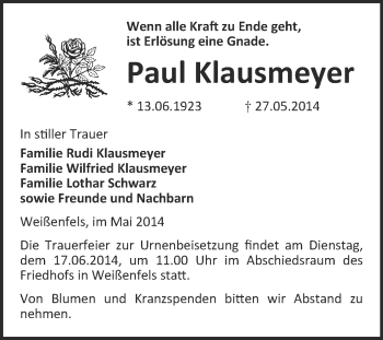 Traueranzeige von Paul Klausmeyer von WVG - Wochenspiegel NMB / WSF / ZTZ