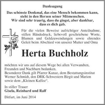 Traueranzeige von Herta Buchholz von WVG - Wochenspiegel Quedlinburg