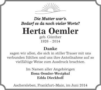 Traueranzeige von Herta Oemler von Super Sonntag Aschersleben