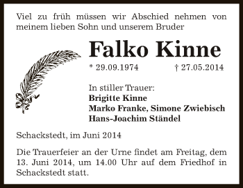Traueranzeige von Falko Kinne von Super Sonntag Aschersleben