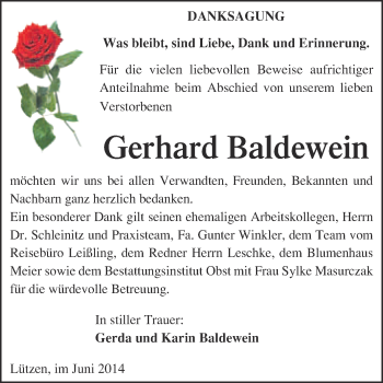 Traueranzeige von Gerhard Baldewein von Super Sonntag Merseburg