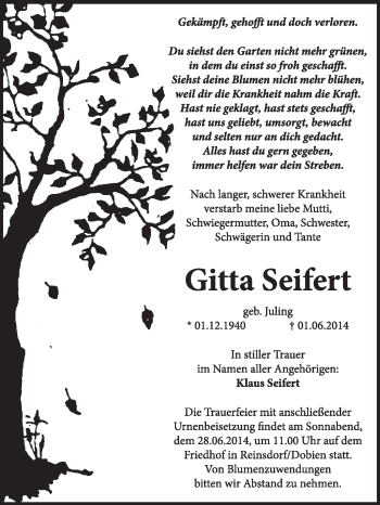 Traueranzeige von Gitta Seifert von WVG - Wochenspiegel Wittenberg
