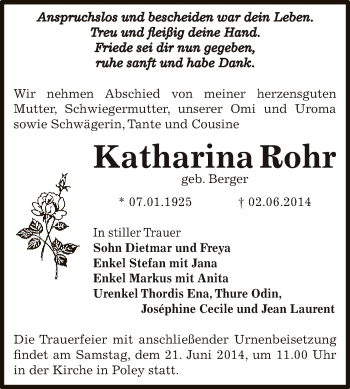 Traueranzeige von Katharina Rohr von Super Sonntag Bernburg