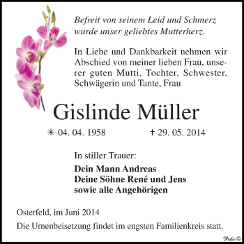 Traueranzeige von Gislinde Müller von Super Sonntag Zeitz