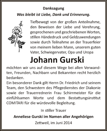 Traueranzeige von Johann Gurski von Super Sonntag Zeitz