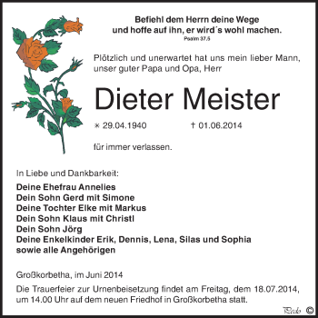 Traueranzeige von Dieter Meister von WVG - Wochenspiegel NMB / WSF / ZTZ