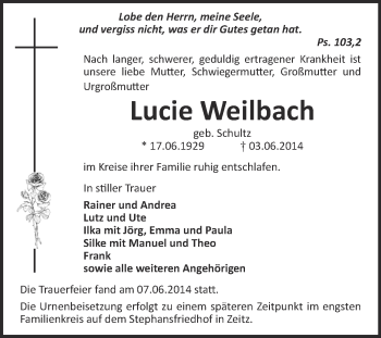 Traueranzeige von Lucie Weilbach von Super Sonntag Zeitz