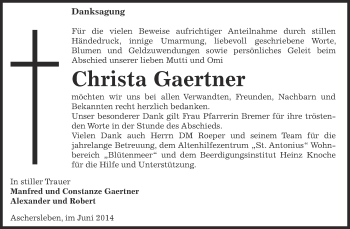 Traueranzeige von Christa Gaertner von WVG - Wochenspiegel Aschersleben