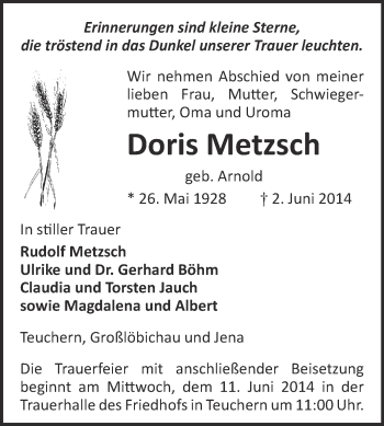 Traueranzeige von Doris Metzsch von Super Sonntag Zeitz